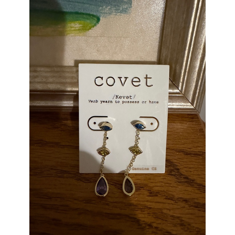 Covet Genuine CZ Multi Stone‎ Drop Earrings Blue Yellow Purple Gold Tone Dangle